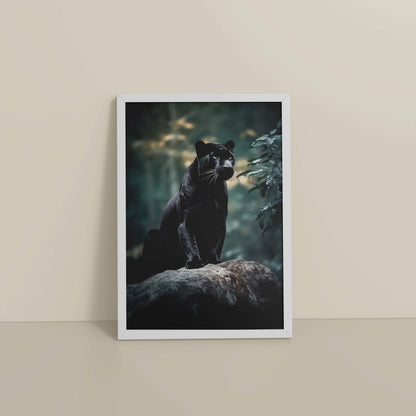 Floor View of Black Panther in Forest – Wildlife Wall Art Decor in White Color Frame