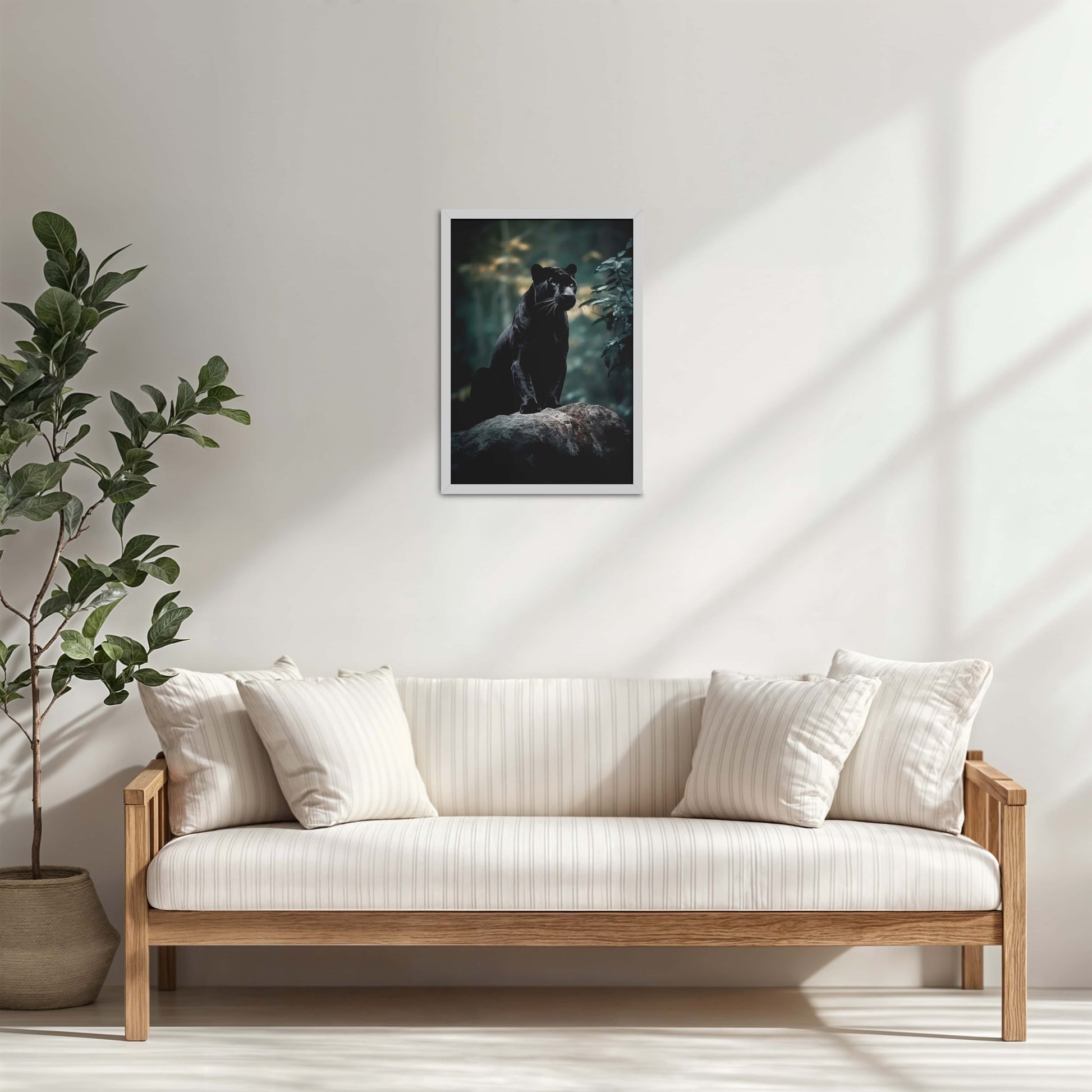 Living Room Cabinet Table Preview of Black Panther in Forest – Wildlife Wall Art Decor in White Color Frame