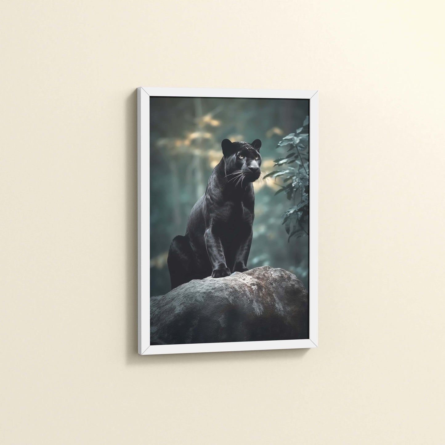 Side View of Black Panther in Forest – Wildlife Wall Art Decor in White Color Frame