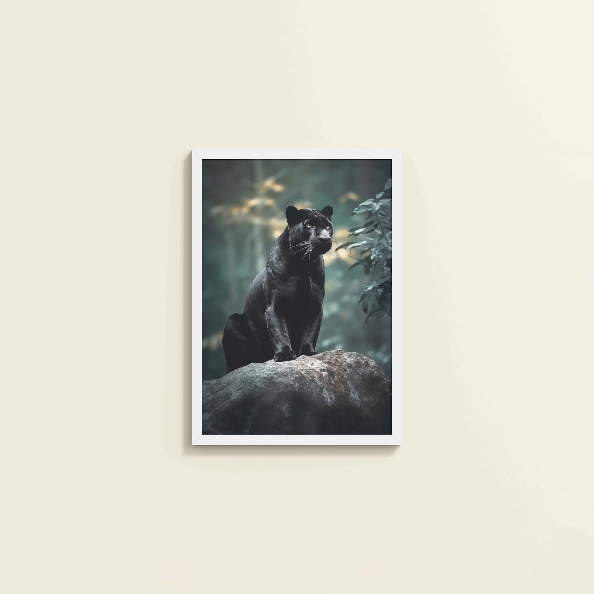 Wall View of Black Panther in Forest – Wildlife Wall Art Decor in White Color Frame