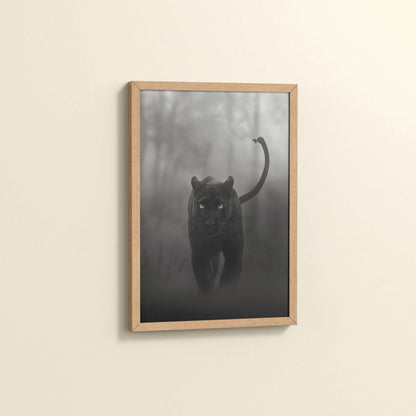 Side View of Silent Hunter – Black Panther Wildlife Wall Art Frame in Natrual Color Frame