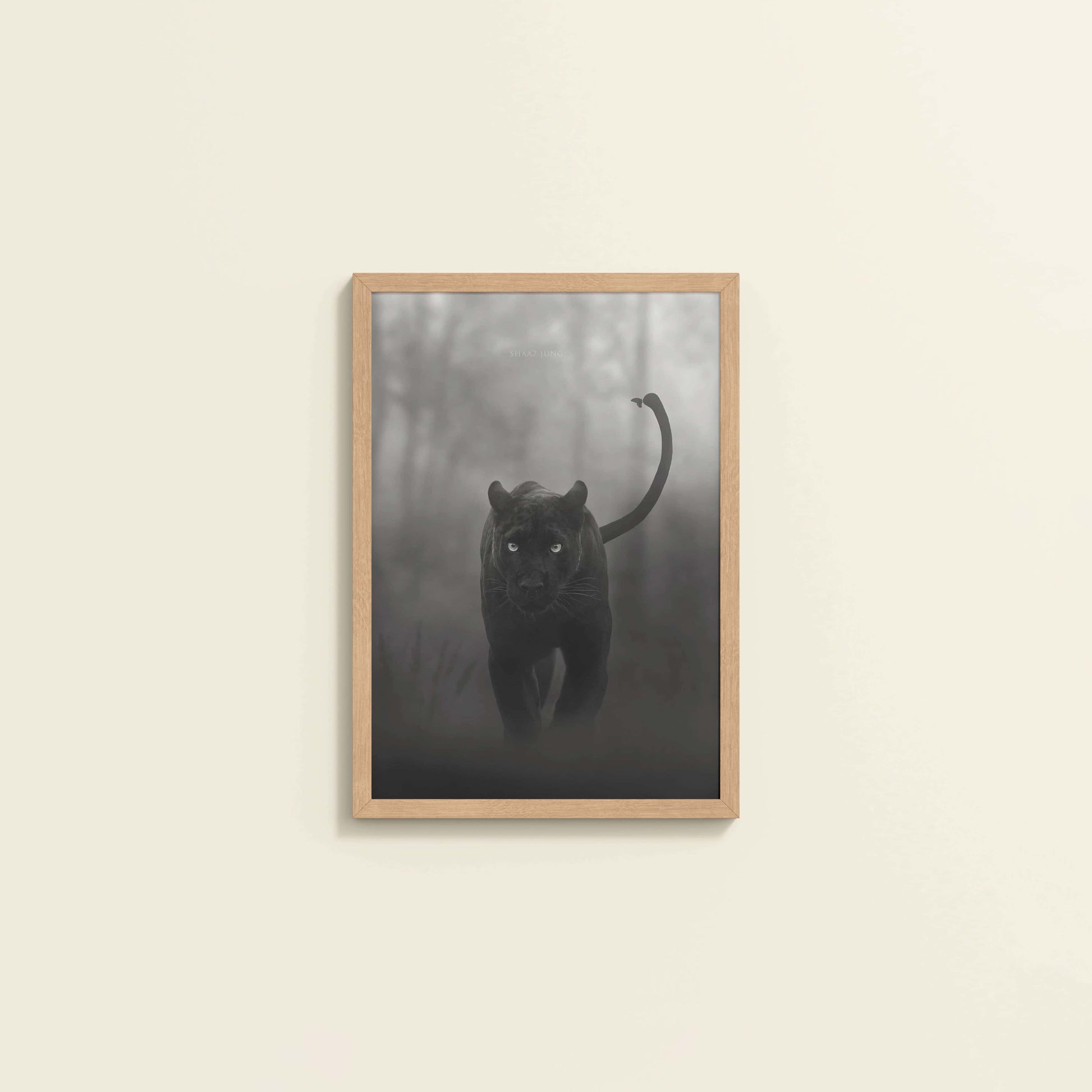 Wall View of Silent Hunter – Black Panther Wildlife Wall Art Frame in Natrual Color Frame