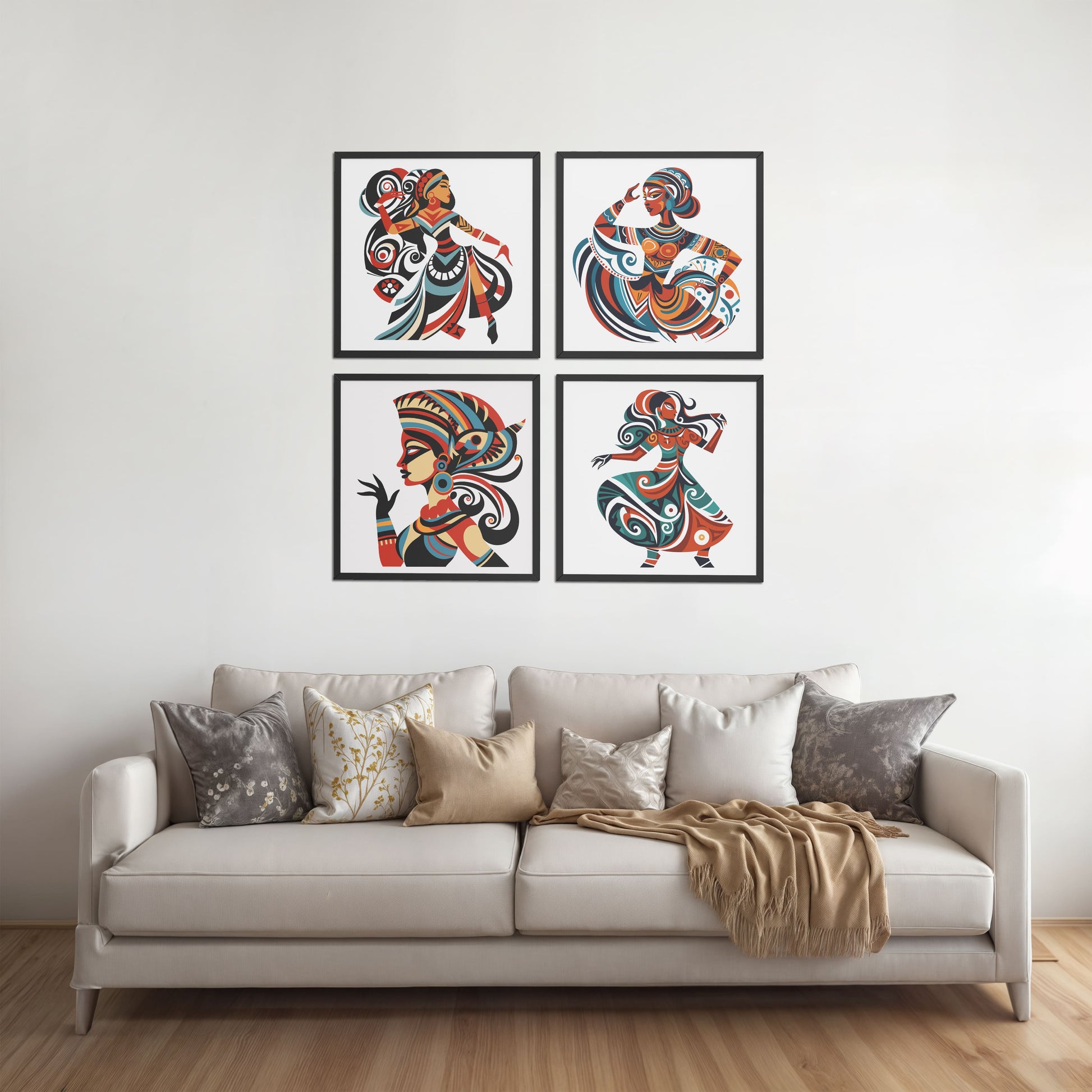 Living Room Sofa Preview of Dancing Women Warli Folk Art Frames Set of 4 in Black Color Frame