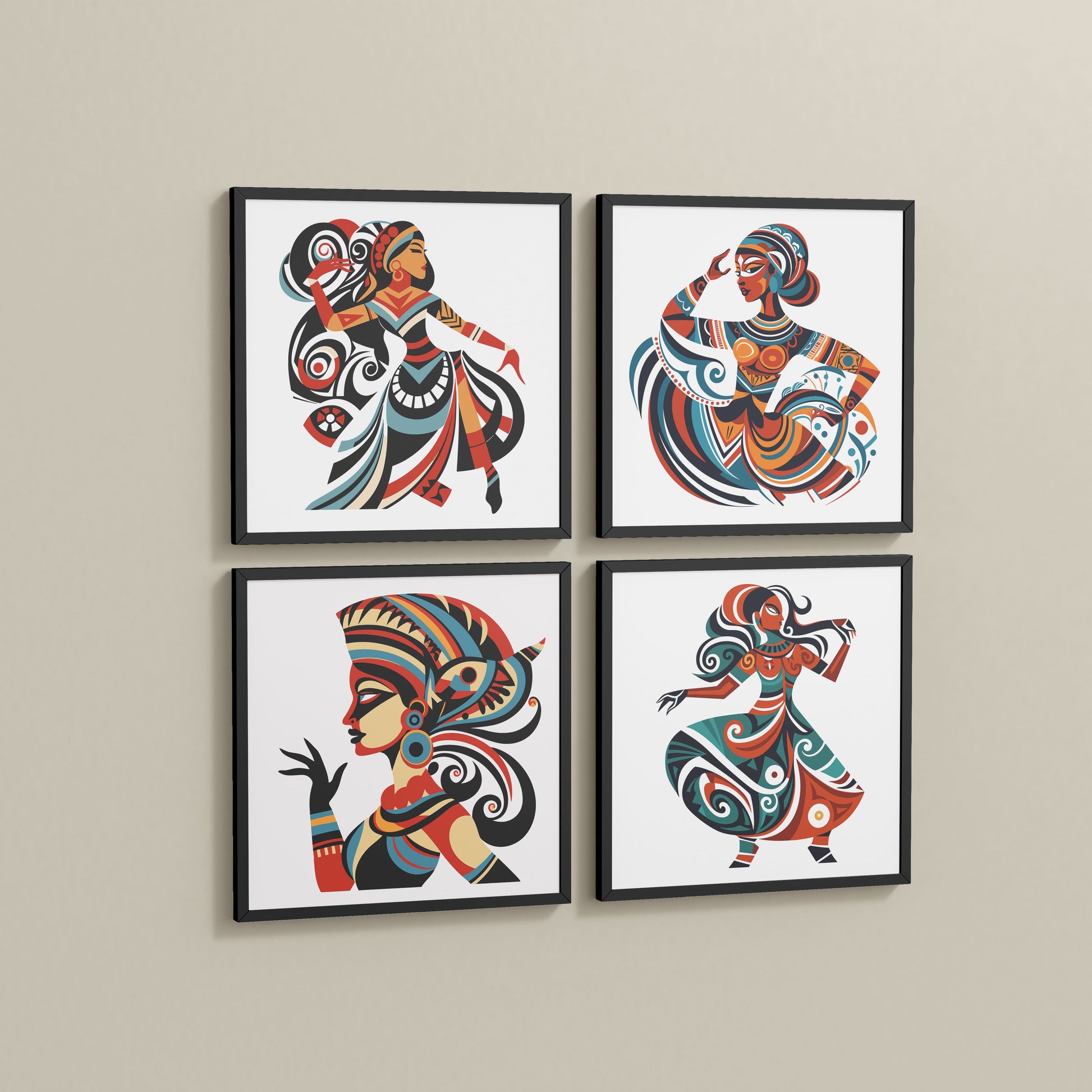 Side View of Dancing Women Warli Folk Art Frames Set of 4 in Black Color Frame