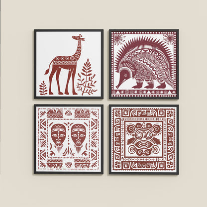 Side View of Tribal Animal & Face Motif Wall Art Frames Set of 4 in Black Color Frame