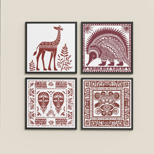 Side View of Tribal Animal & Face Motif Wall Art Frames Set of 4 in Black Color Frame