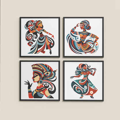 Wall View of Dancing Women Warli Folk Art Frames Set of 4 in Black Color Frame
