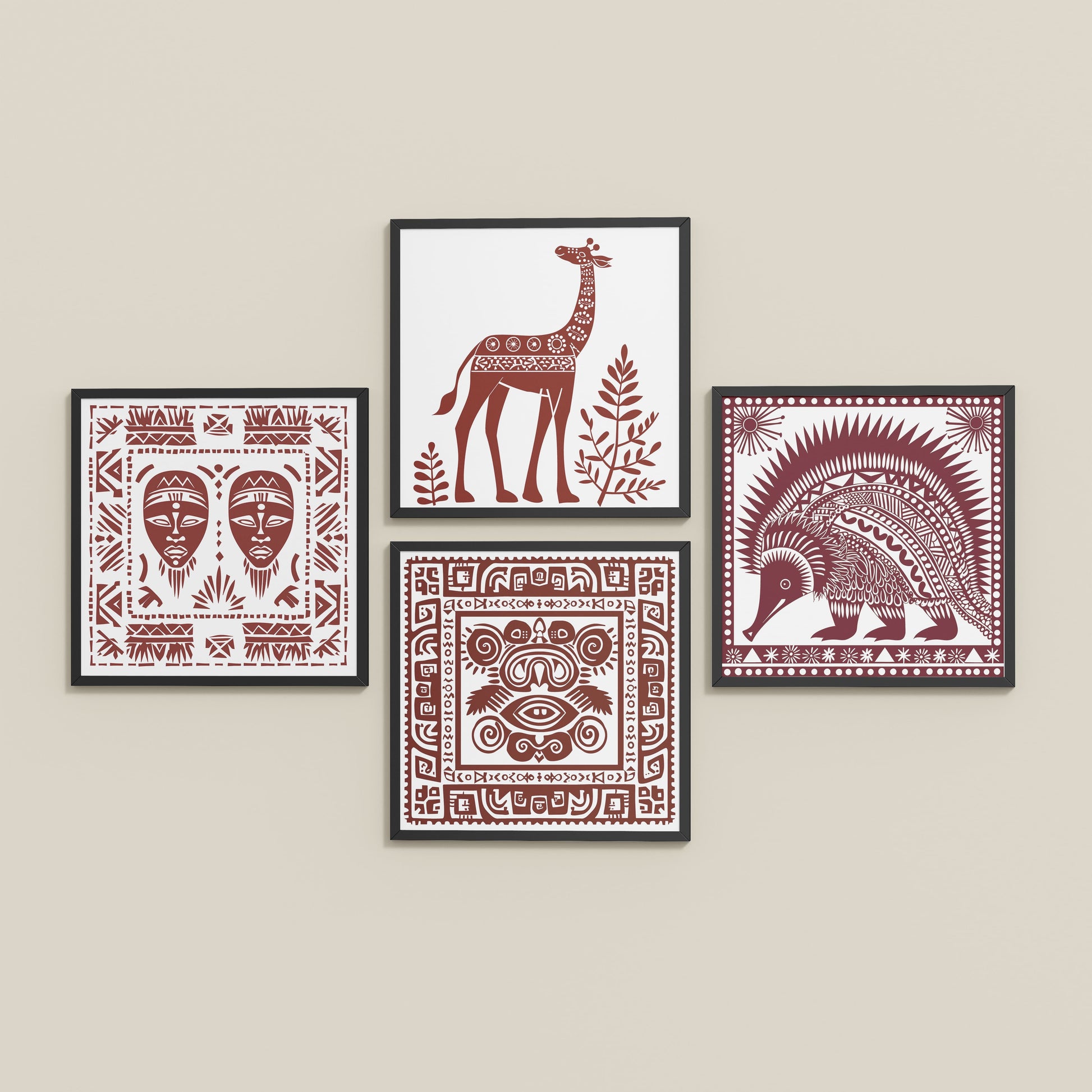 Inclined Floor View of Tribal Animal & Face Motif Wall Art Frames Set of 4 in Black Color Frame