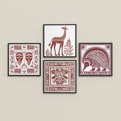 Inclined Floor View of Tribal Animal & Face Motif Wall Art Frames Set of 4 in Black Color Frame