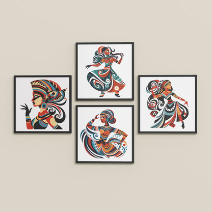 Inclined Floor View of Dancing Women Warli Folk Art Frames Set of 4 in Black Color Frame