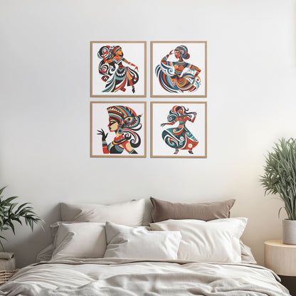 Bed Room Preview of Dancing Women Warli Folk Art Frames Set of 4 in Natrual Color Frame