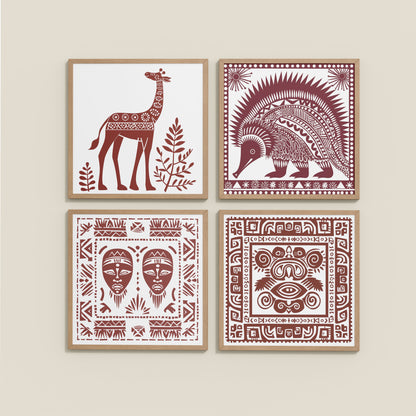 Side View of Tribal Animal & Face Motif Wall Art Frames Set of 4 in Natrual Color Frame