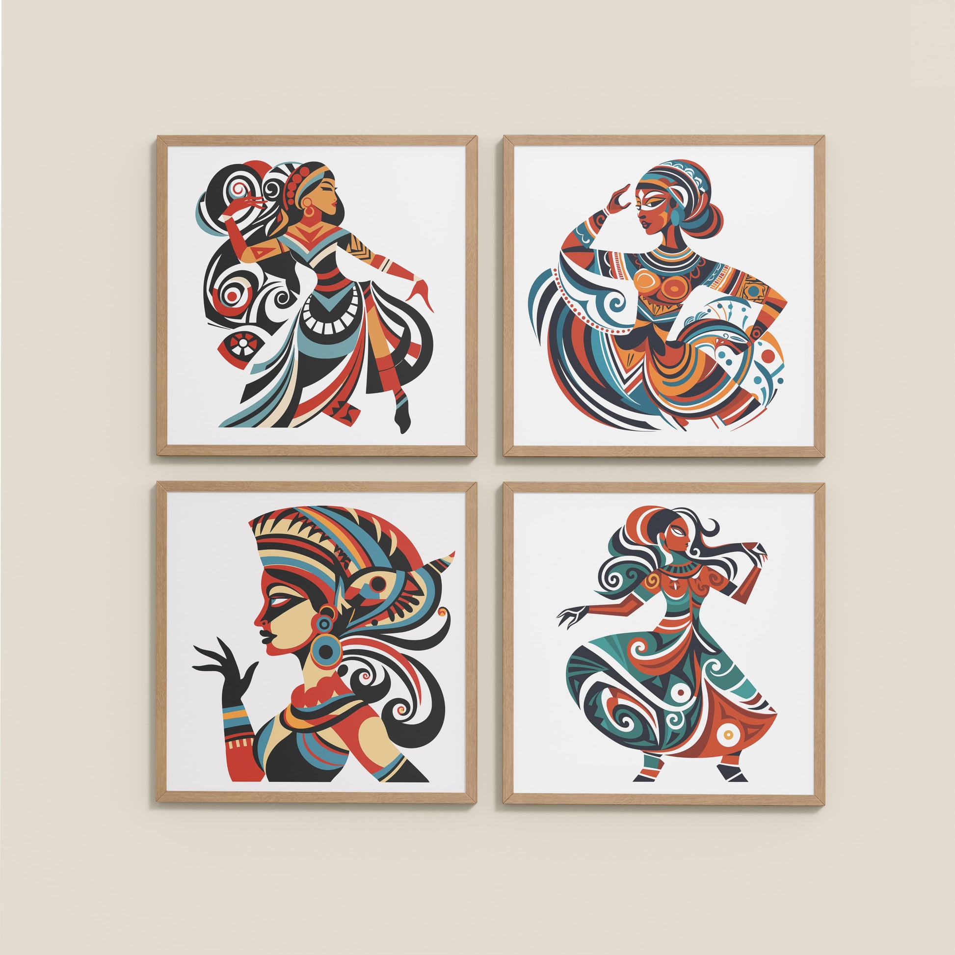 Wall View of Dancing Women Warli Folk Art Frames Set of 4 in Natrual Color Frame