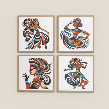 Wall View of Dancing Women Warli Folk Art Frames Set of 4 in Natrual Color Frame