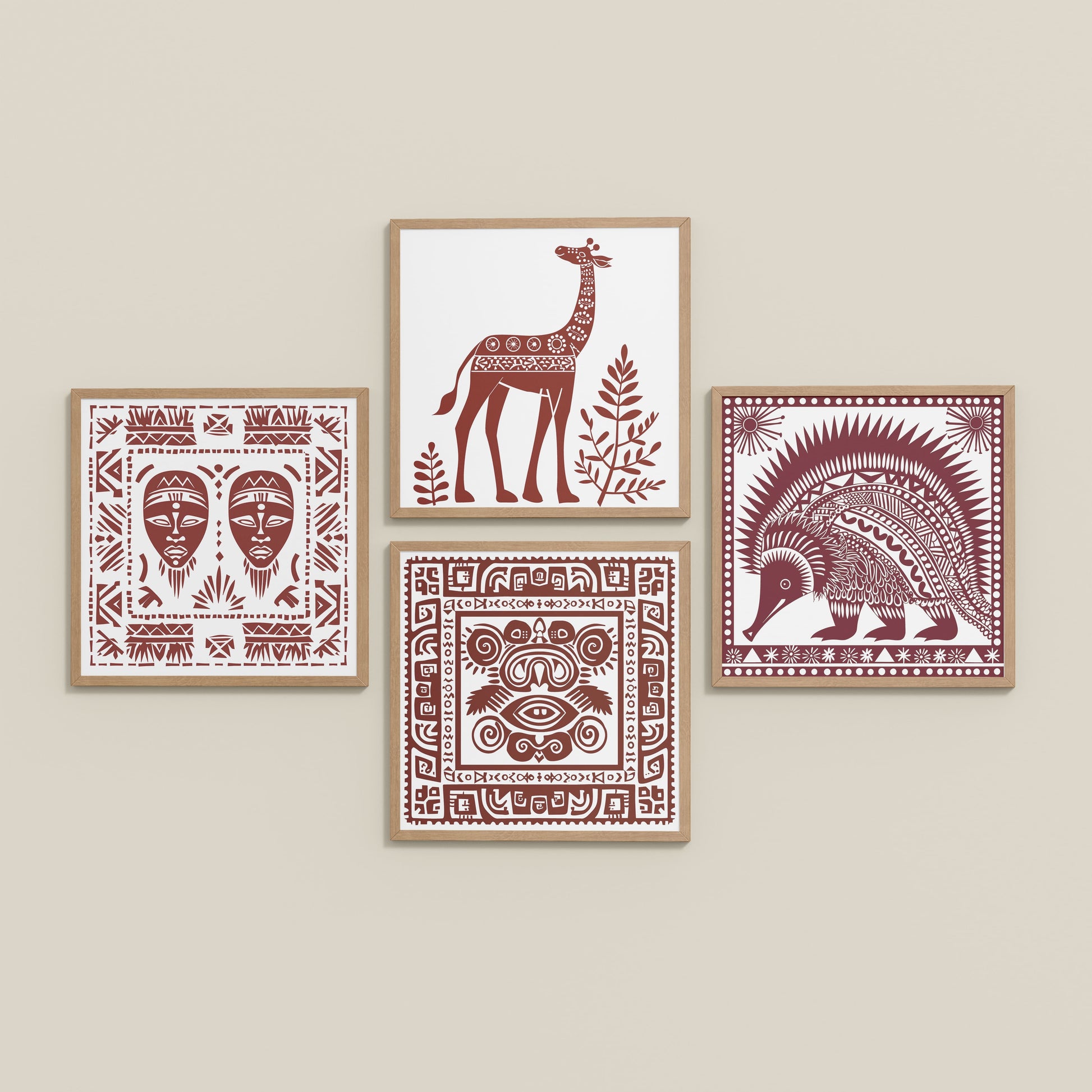 Inclined Floor View of Tribal Animal & Face Motif Wall Art Frames Set of 4 in Natrual Color Frame