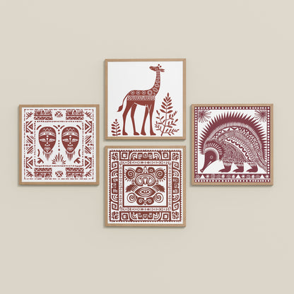 Inclined Floor View of Tribal Animal & Face Motif Wall Art Frames Set of 4 in Natrual Color Frame