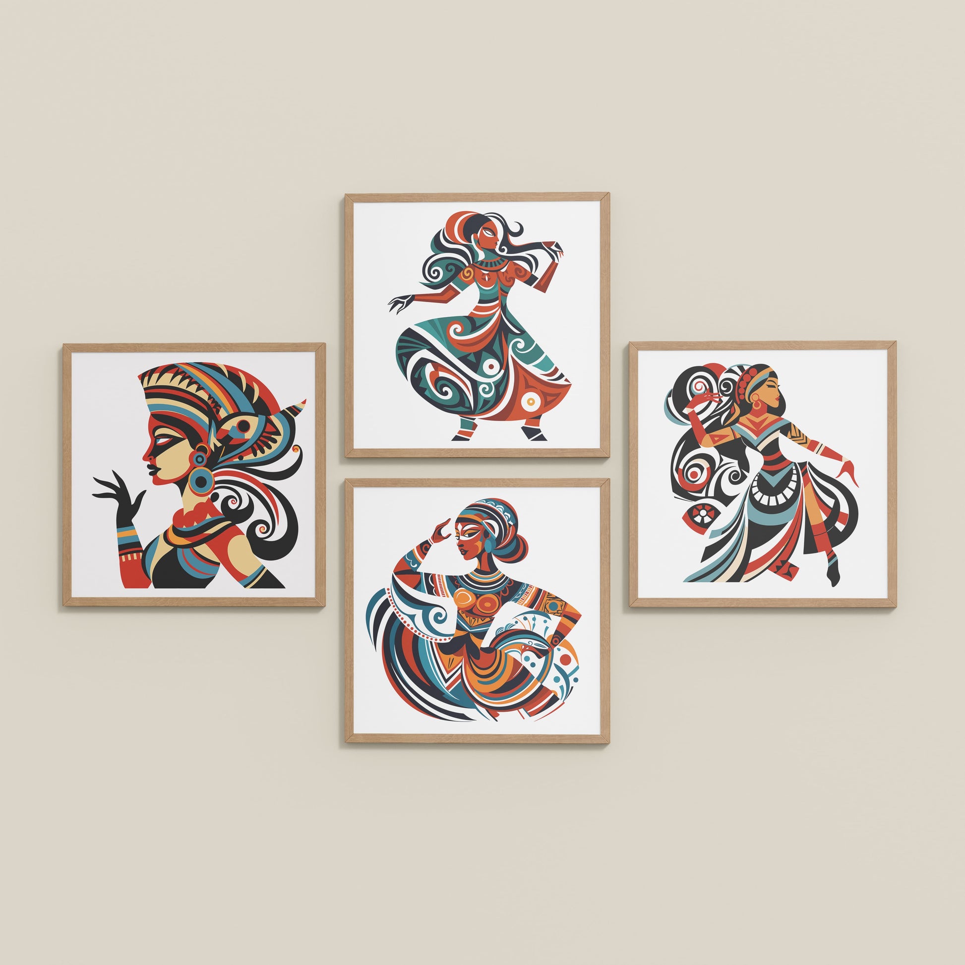 Inclined Floor View of Dancing Women Warli Folk Art Frames Set of 4 in Natrual Color Frame