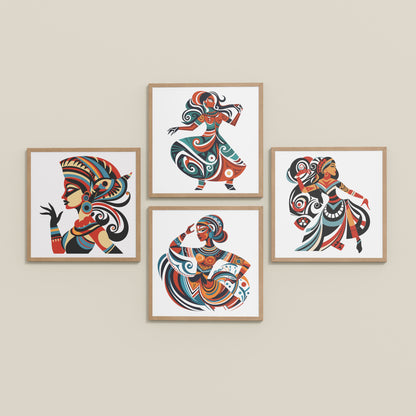 Inclined Floor View of Dancing Women Warli Folk Art Frames Set of 4 in Natrual Color Frame