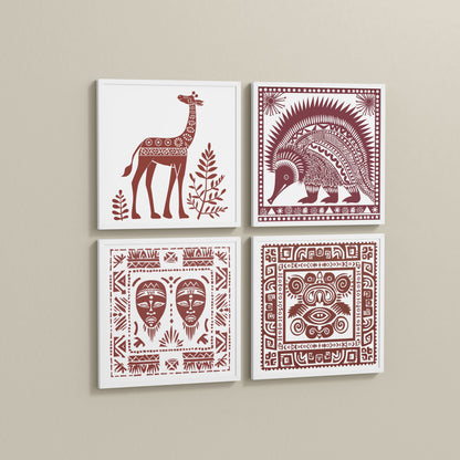Wall View of Tribal Animal & Face Motif Wall Art Frames Set of 4 in White Color Frame
