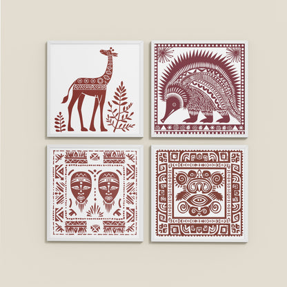 Side View of Tribal Animal & Face Motif Wall Art Frames Set of 4 in White Color Frame