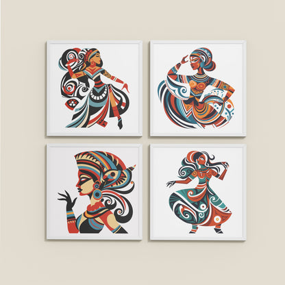 Wall View of Dancing Women Warli Folk Art Frames Set of 4 in White Color Frame