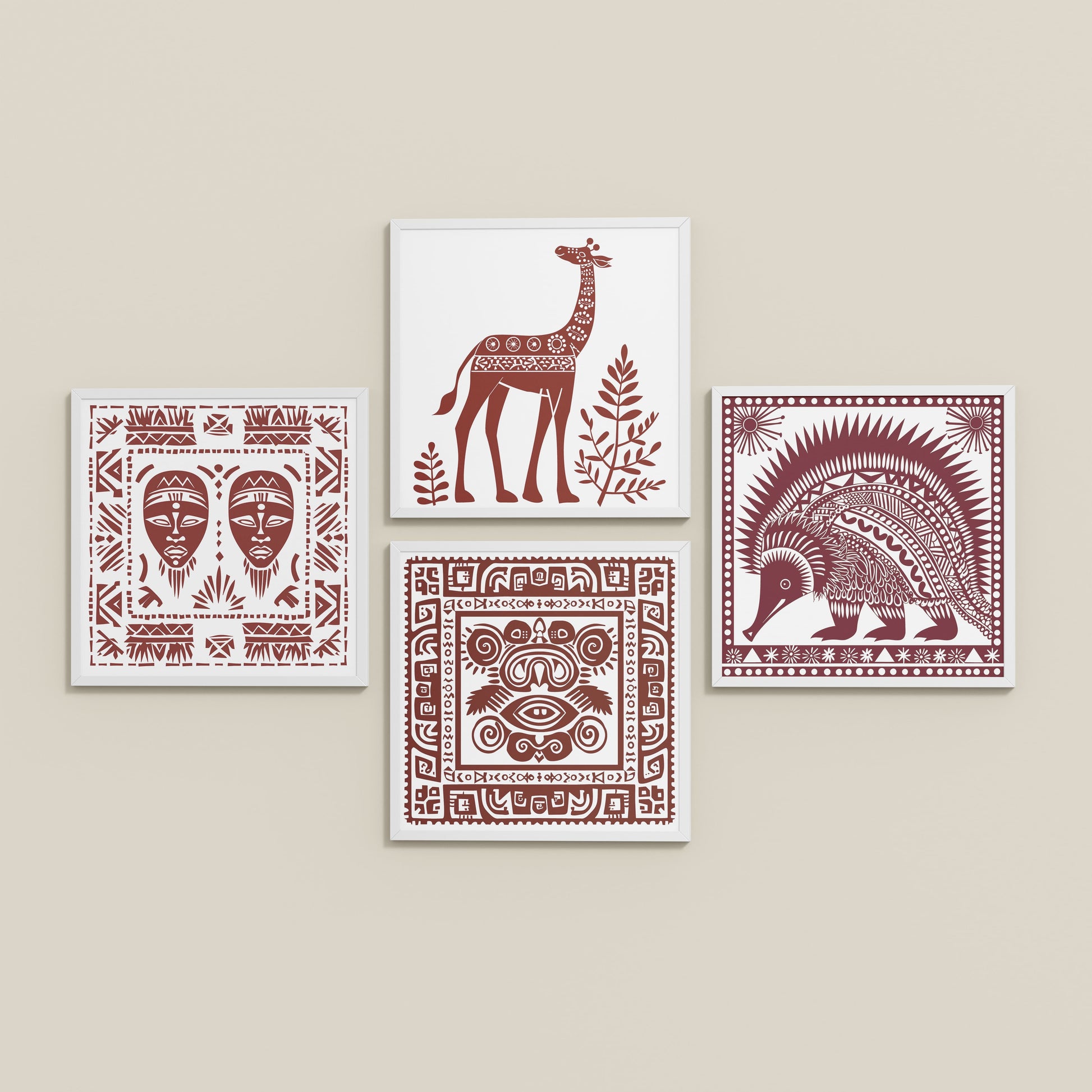 Inclined Floor View of Tribal Animal & Face Motif Wall Art Frames Set of 4 in White Color Frame