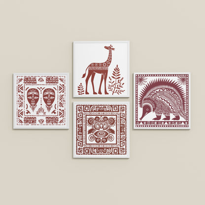 Inclined Floor View of Tribal Animal & Face Motif Wall Art Frames Set of 4 in White Color Frame