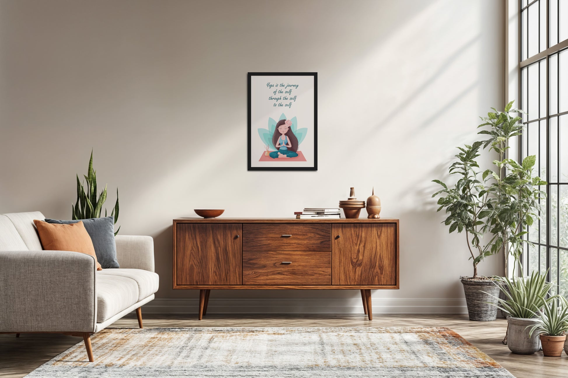 Living Room Sofa Preview of The Inner Journey of Yoga – Wall Art Frame in Black Color Frame
