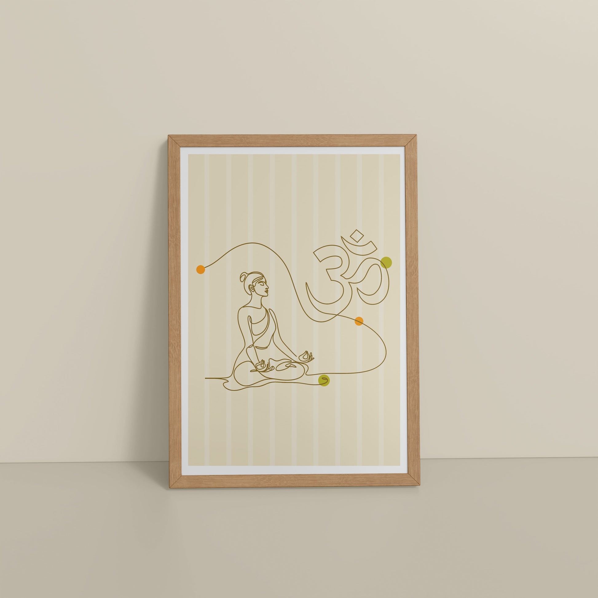 Floor View of Om Serenity – Meditative Line Art Wall Frame in Natrual Color Frame