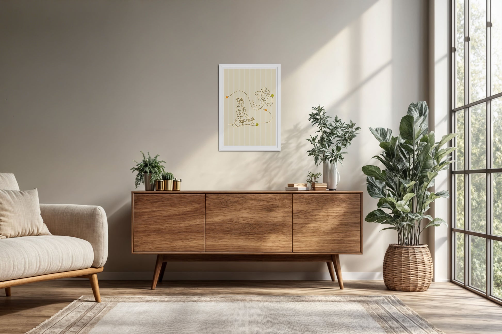 Living Room Cabinet Preview of Om Serenity – Meditative Line Art Wall Frame in White Color Frame