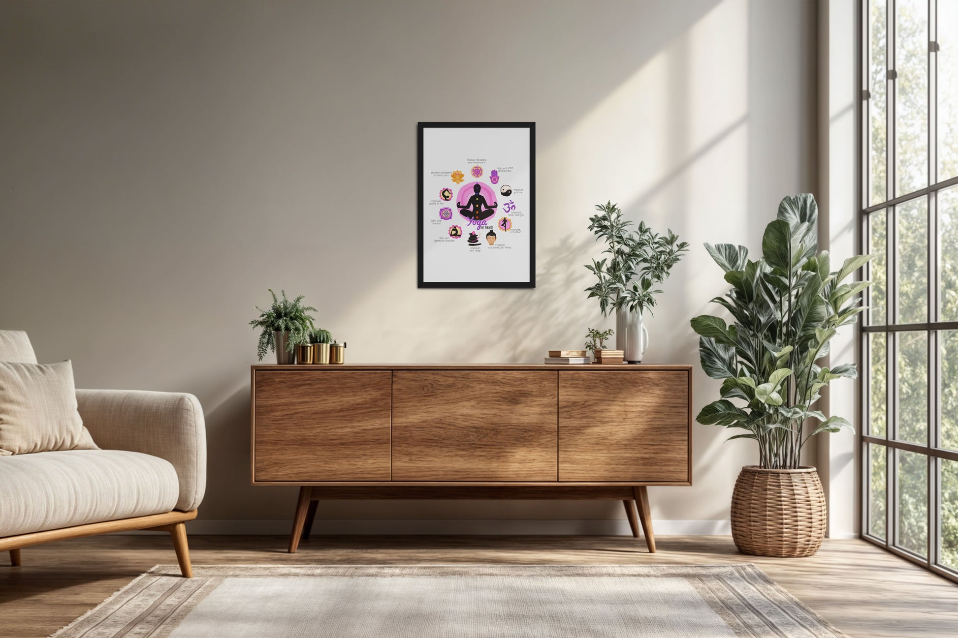 Living Room Cabinet Preview of Yoga for Health – Inspirational Wall Decor in Black Color Frame
