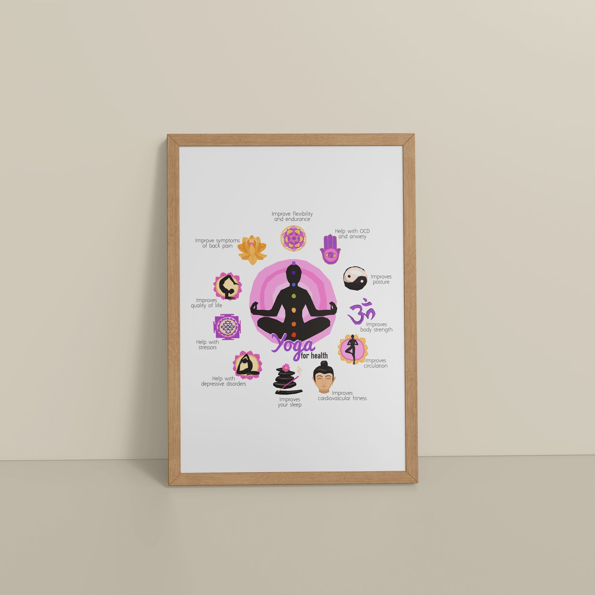 Floor View of Yoga for Health – Inspirational Wall Decor in Natrual Color Frame