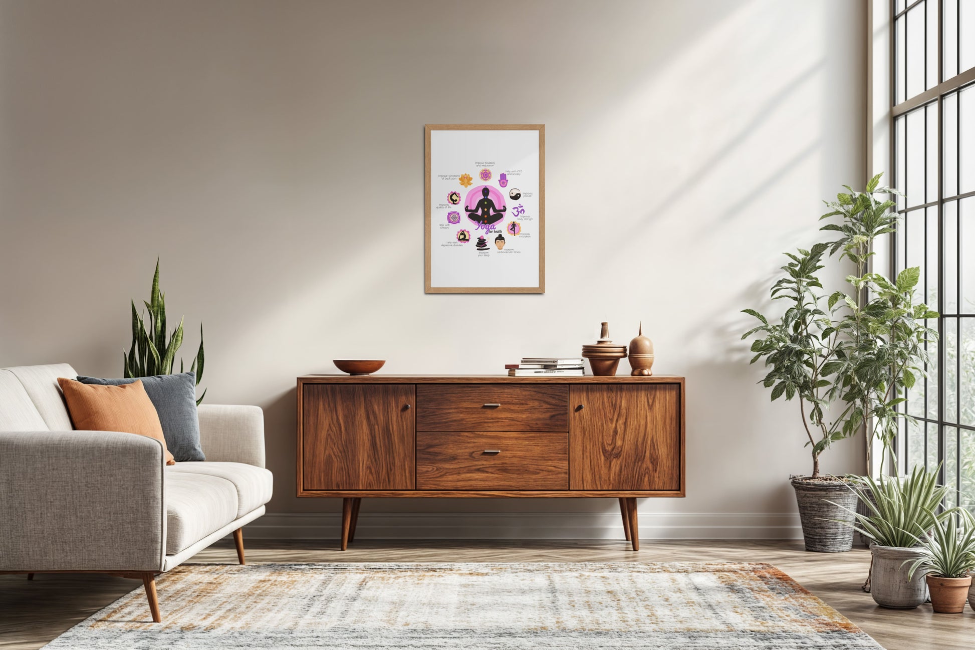 Living Room Sofa Preview of Yoga for Health – Inspirational Wall Decor in Natrual Color Frame