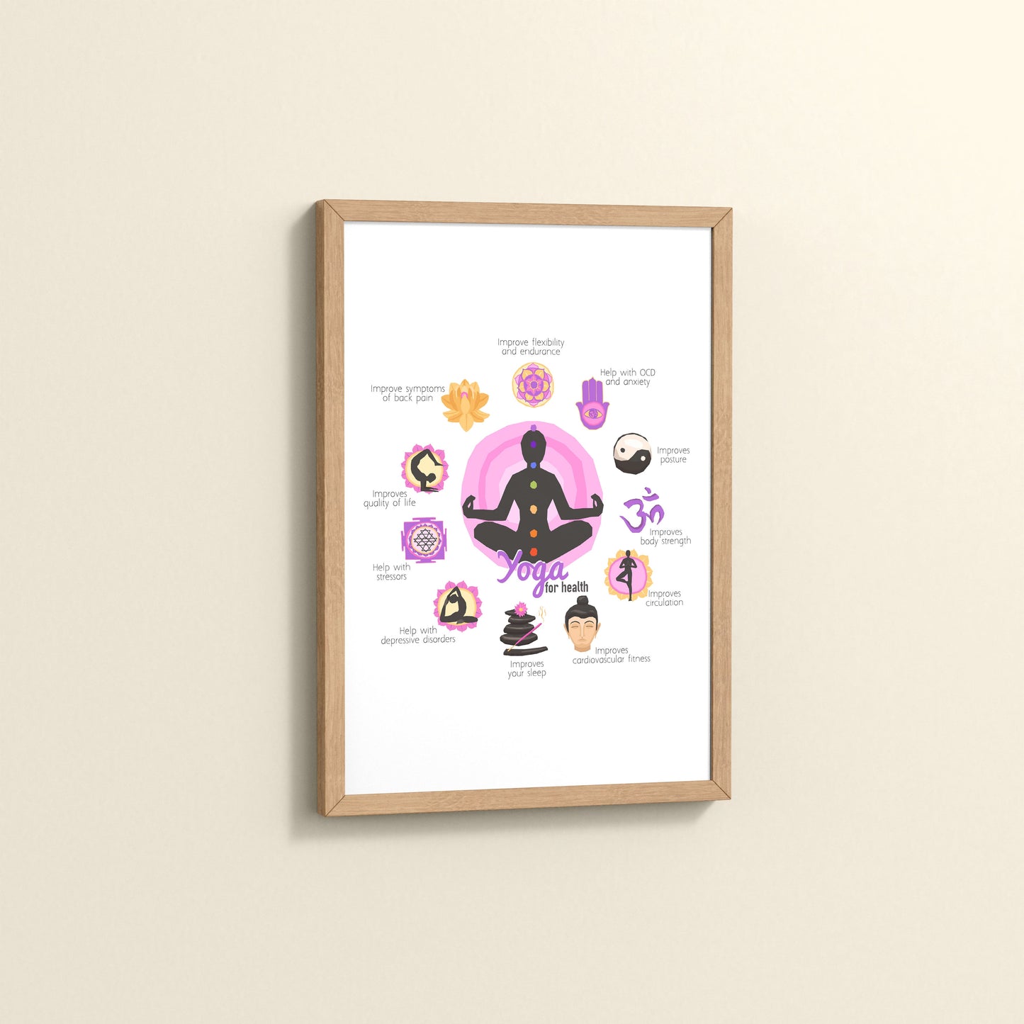 Side View of Yoga for Health – Inspirational Wall Decor in Natrual Color Frame