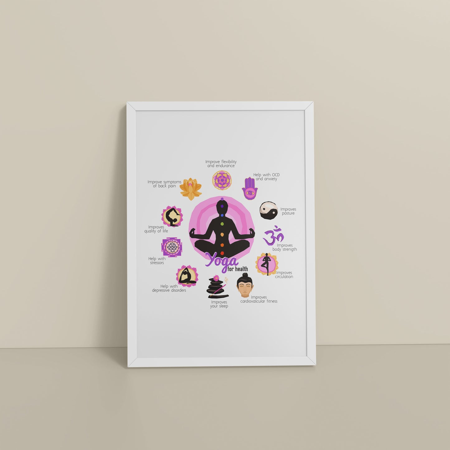 Floor View of Yoga for Health – Inspirational Wall Decor in White Color Frame