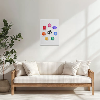 Living Room Cabinet Table Preview of Om & 7 Chakras Meditation in Wall Art Frame in White Color Frame