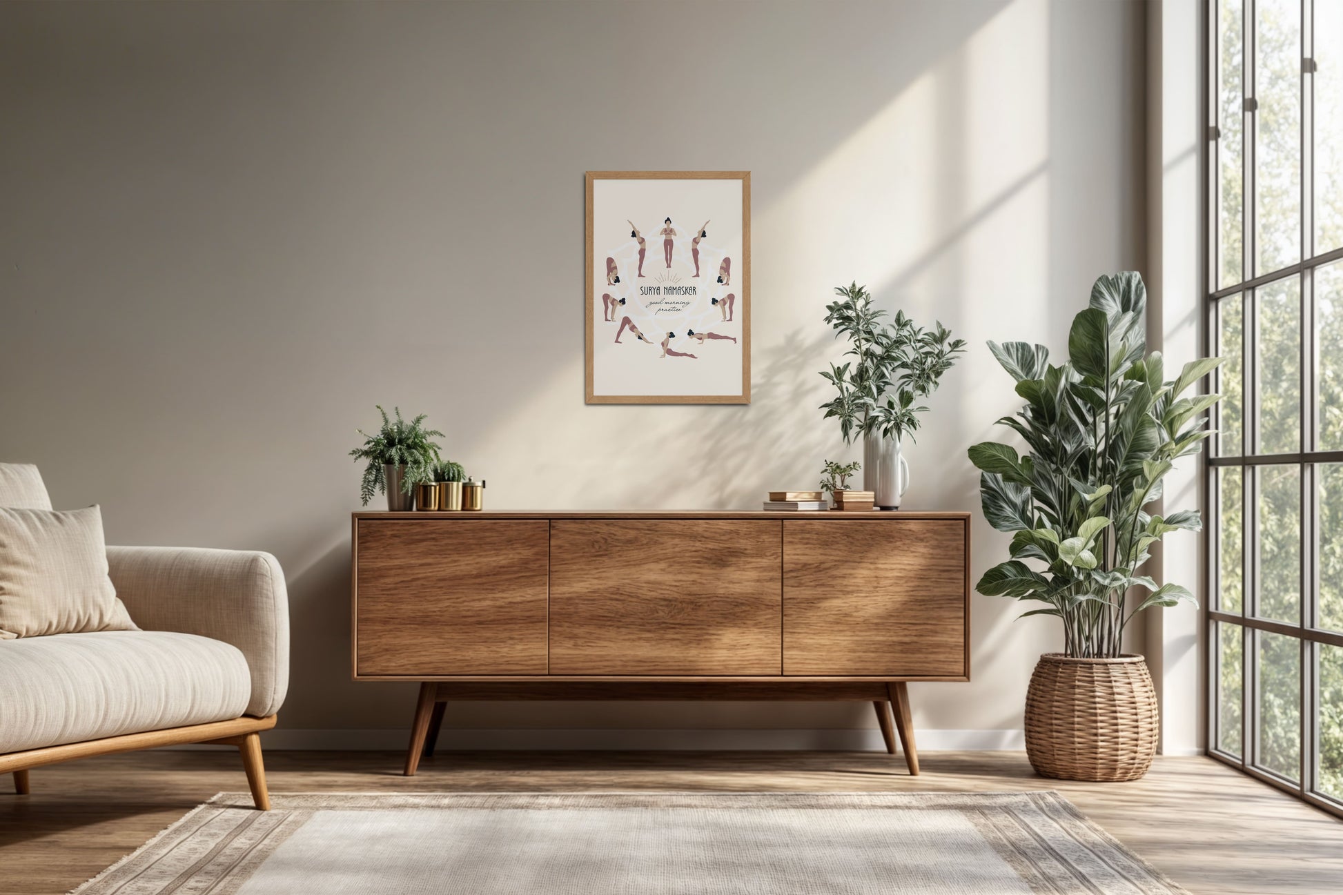 Living Room Cabinet Preview of Surya Namaskar – Yoga Sequence Wall Art Frame in Natrual Color Frame