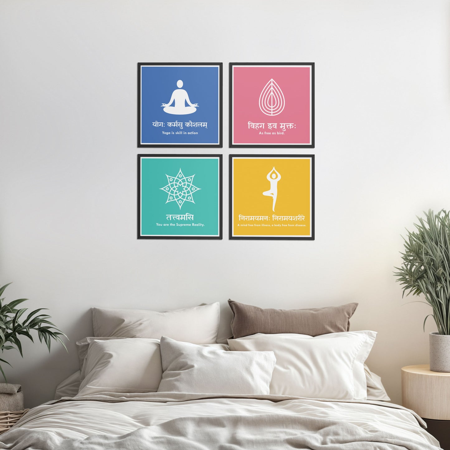 Bed Room Preview of Tranquil Vibes – Yoga and Sanskrit Motivational Set of 4 Frames in Black Color Frame
