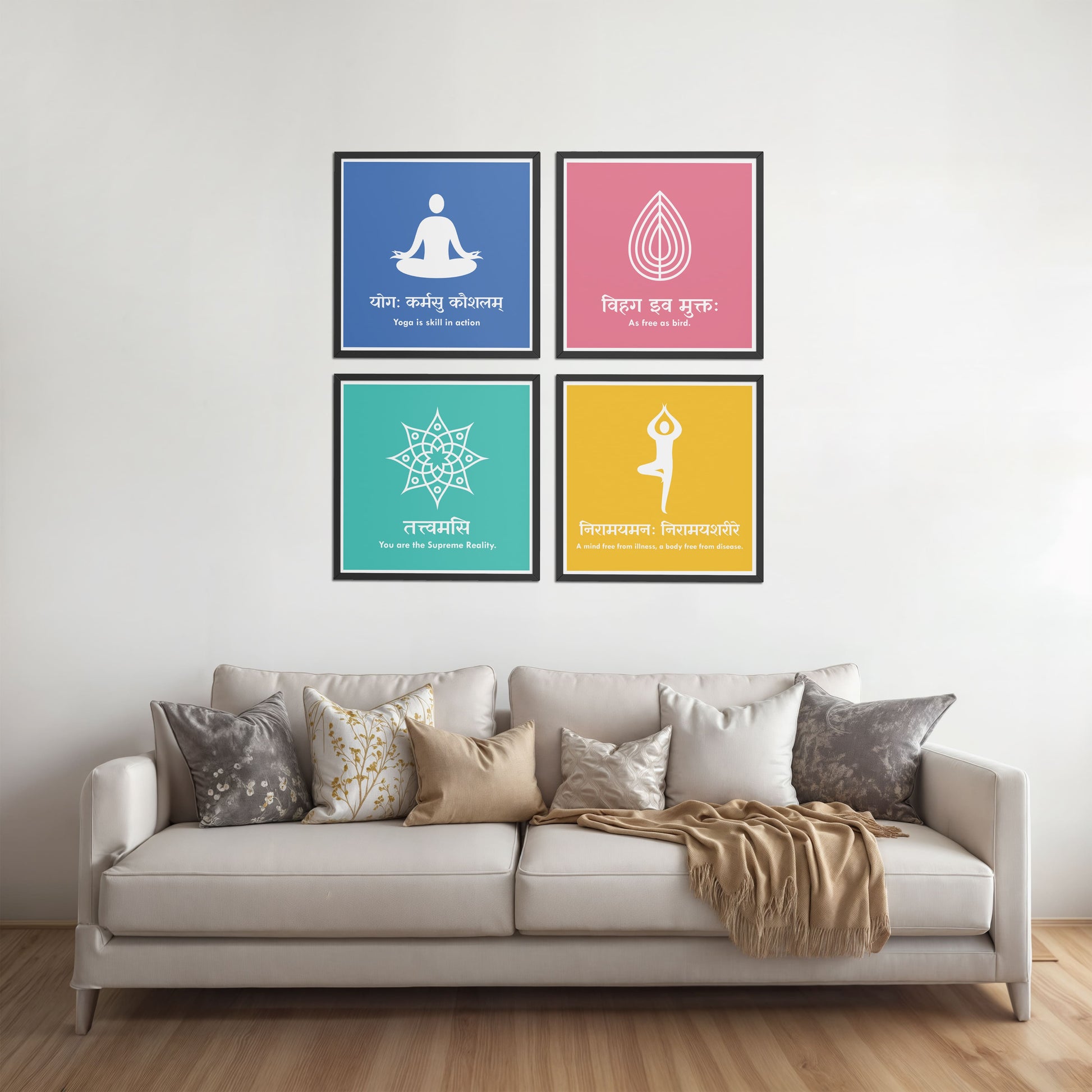Living Room Sofa Preview of Tranquil Vibes – Yoga and Sanskrit Motivational Set of 4 Frames in Black Color Frame