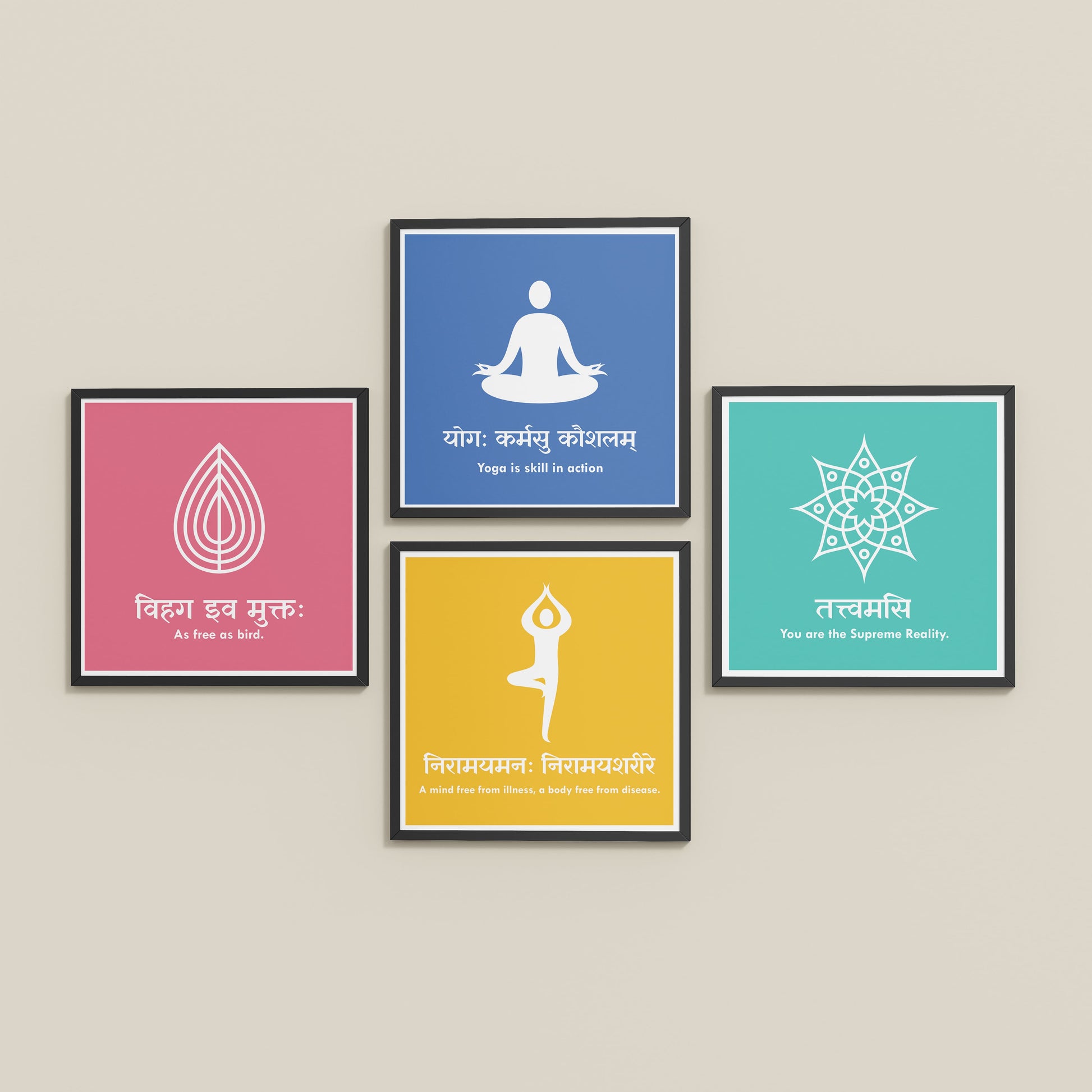 Inclined Floor View of Tranquil Vibes – Yoga and Sanskrit Motivational Set of 4 Frames in Black Color Frame