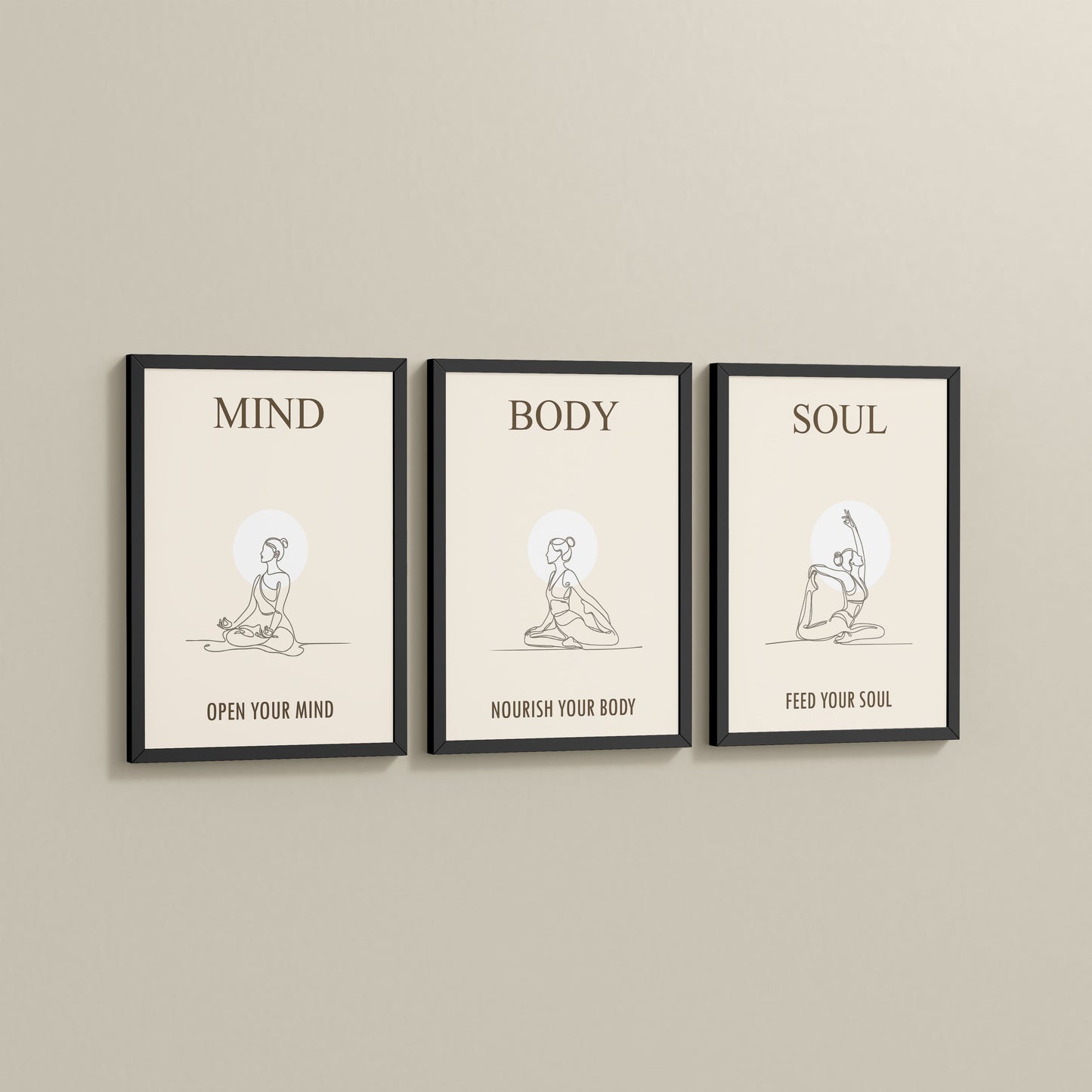 Side View of Mind, Body & Soul – Yoga Wall Art Set of 3 Frames in Black Color Frame