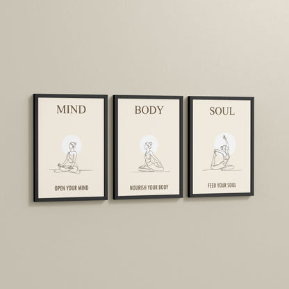 Side View of Mind, Body & Soul – Yoga Wall Art Set of 3 Frames in Black Color Frame
