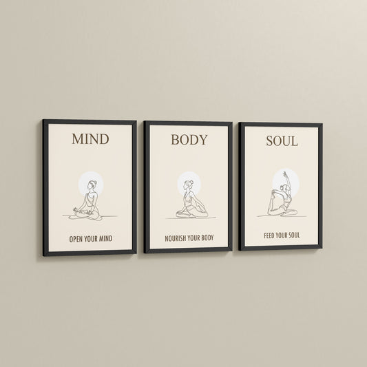 Side View of Mind, Body & Soul – Yoga Wall Art Set of 3 Frames in Black Color Frame