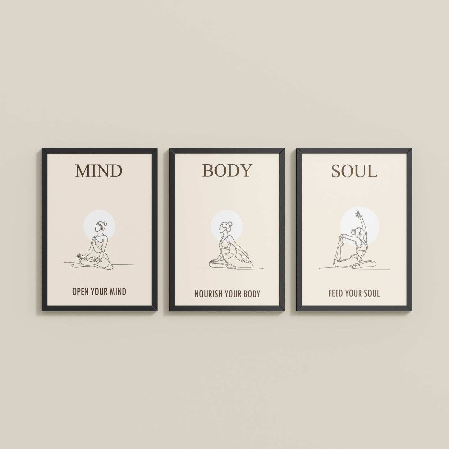 Wall View of Mind, Body & Soul – Yoga Wall Art Set of 3 Frames in Black Color Frame