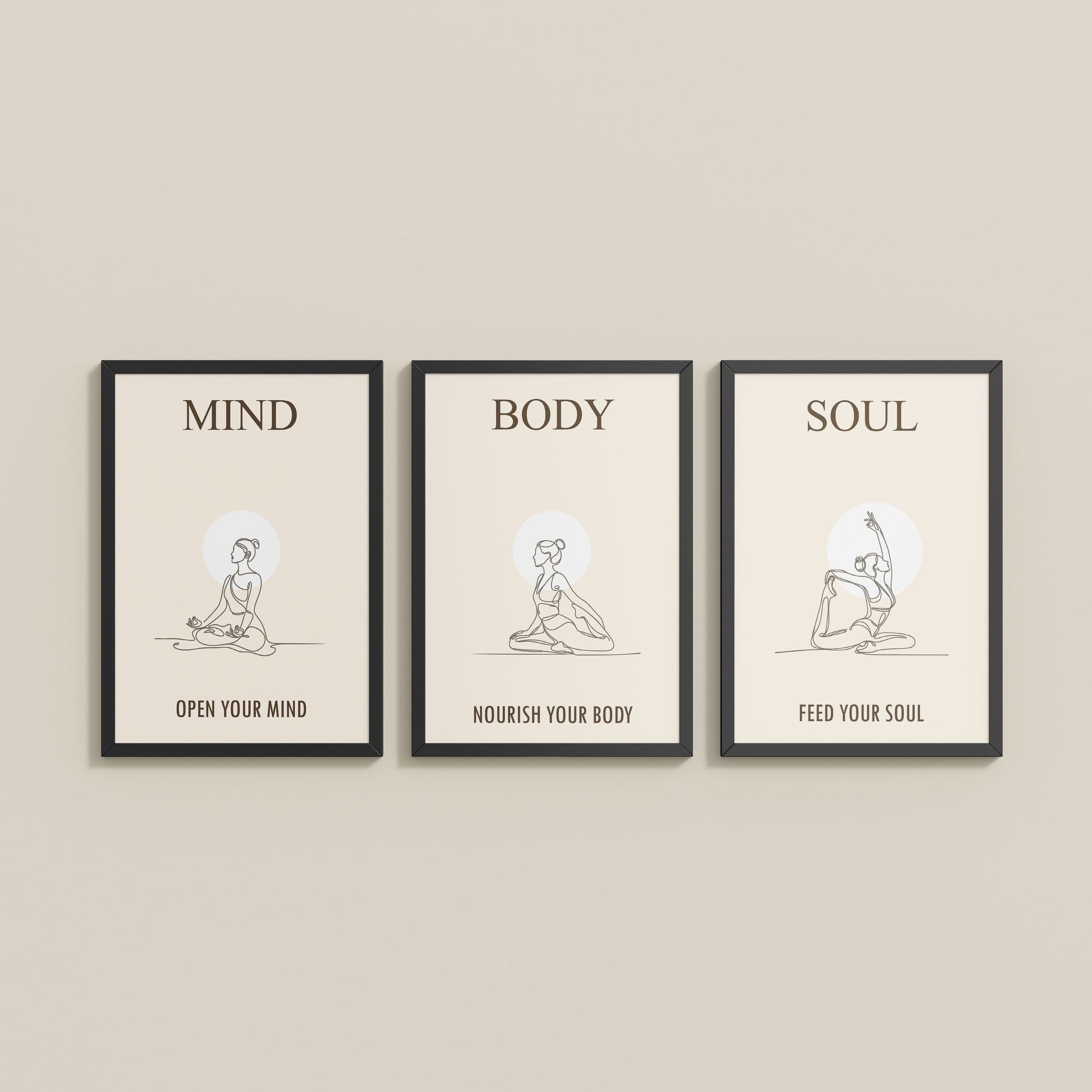 Wall View of Mind, Body & Soul – Yoga Wall Art Set of 3 Frames in Black Color Frame