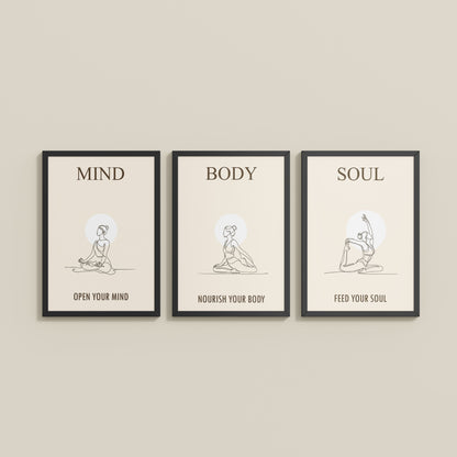 Wall View of Mind, Body & Soul – Yoga Wall Art Set of 3 Frames in Black Color Frame