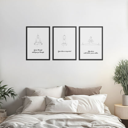 Bed Room Preview of Mindful Mantras – Yoga Quote Line Art Wall Frame Set of 3 in Black Color Frame
