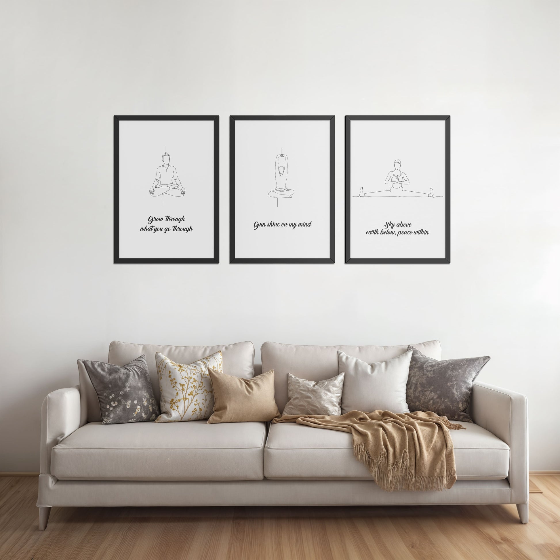 Living Room Sofa Preview of Mindful Mantras – Yoga Quote Line Art Wall Frame Set of 3 in Black Color Frame