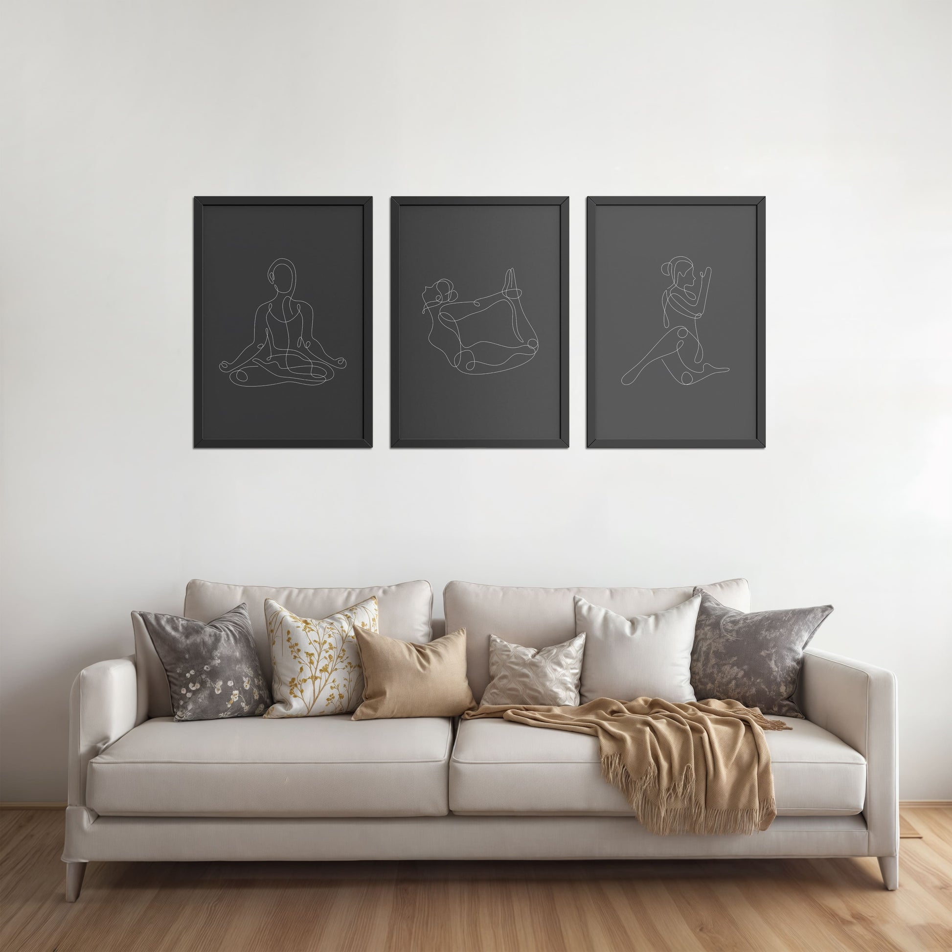 Living Room Sofa Preview of Grace in Motion – Minimalist Yoga Pose Line Art Set of 3 in Black Color Frame