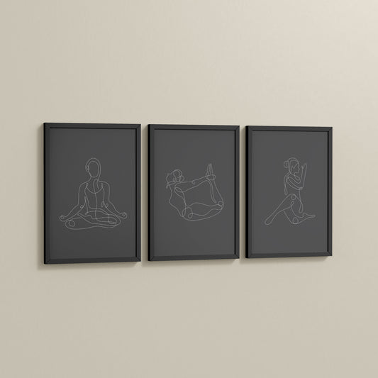 Side View of Grace in Motion – Minimalist Yoga Pose Line Art Set of 3 in Black Color Frame